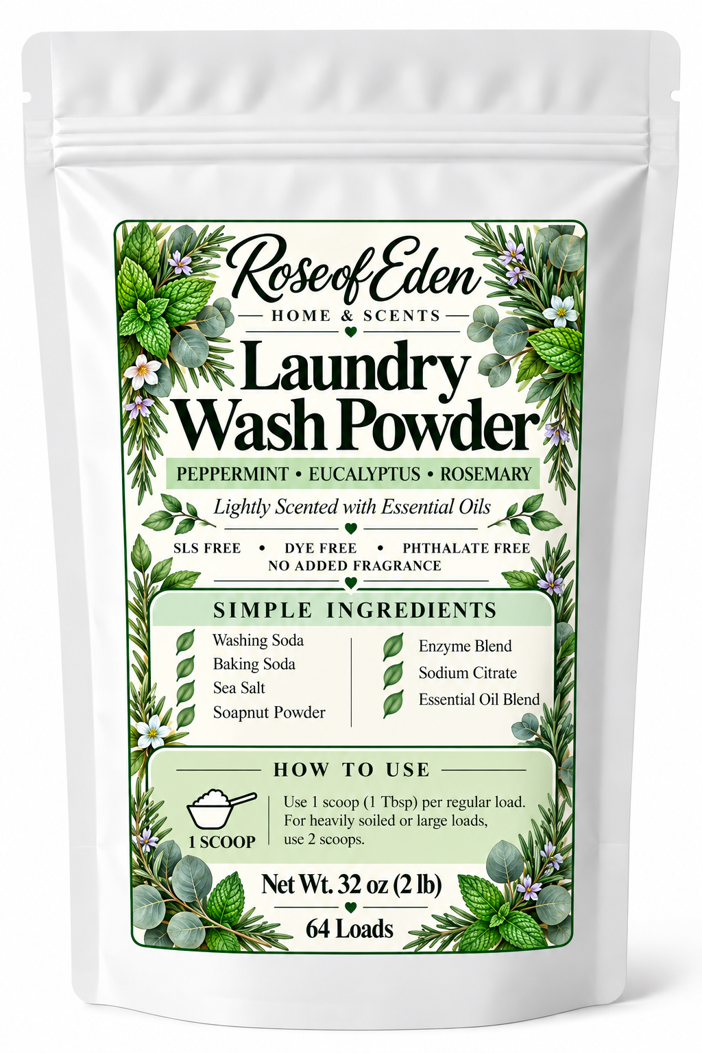 Rose of Eden Peppermint Eucalyptus Rosemary Laundry Wash Powder, 32 oz pouch