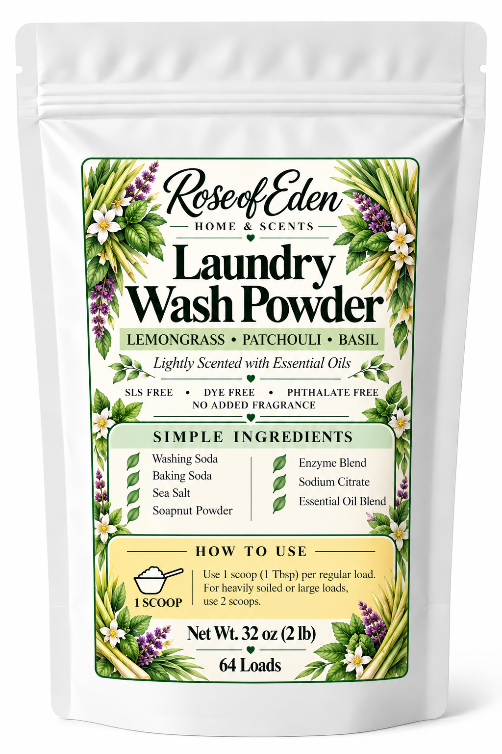 Rose of Eden Lemongrass Patchouli Basil Laundry Wash Powder, 32 oz pouch