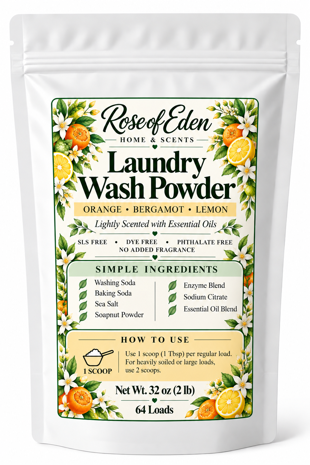 Rose of Eden Orange Bergamot Lemon Laundry Wash Powder, 32 oz pouch