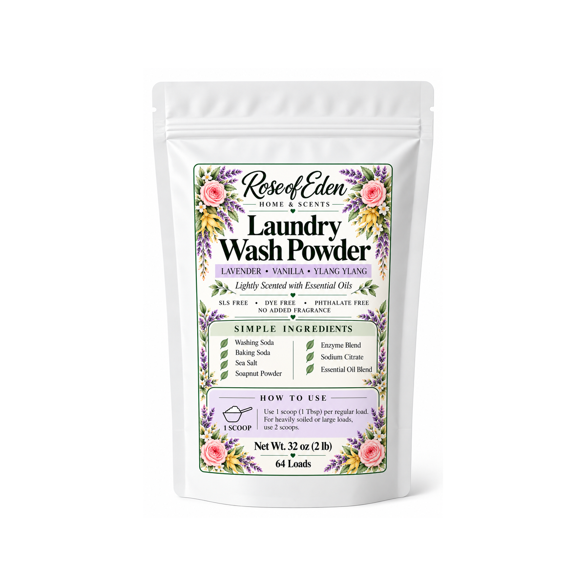 Rose of Eden Laundry Wash Powder, Lavender Vanilla Ylang Ylang, 32 oz pouch, square 2000 x 2000 image