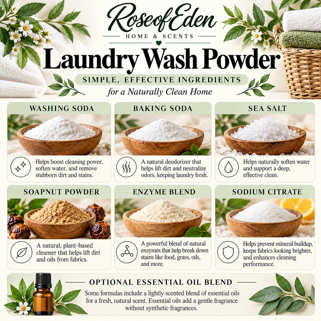 Laundry Wash Powder ingredient guide showing washing soda, baking soda, sea salt, soapnut powder, enzyme blend, sodium citrate, and optional essential oils