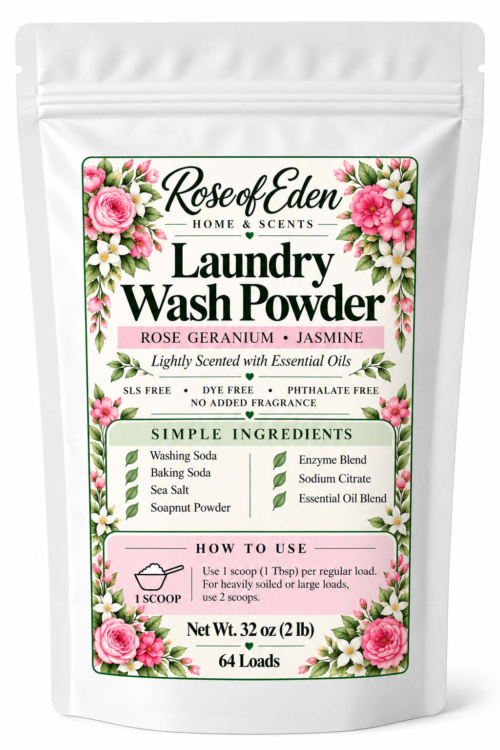 Rose of Eden Rose Geranium Jasmine Laundry Wash Powder, 32 oz pouch