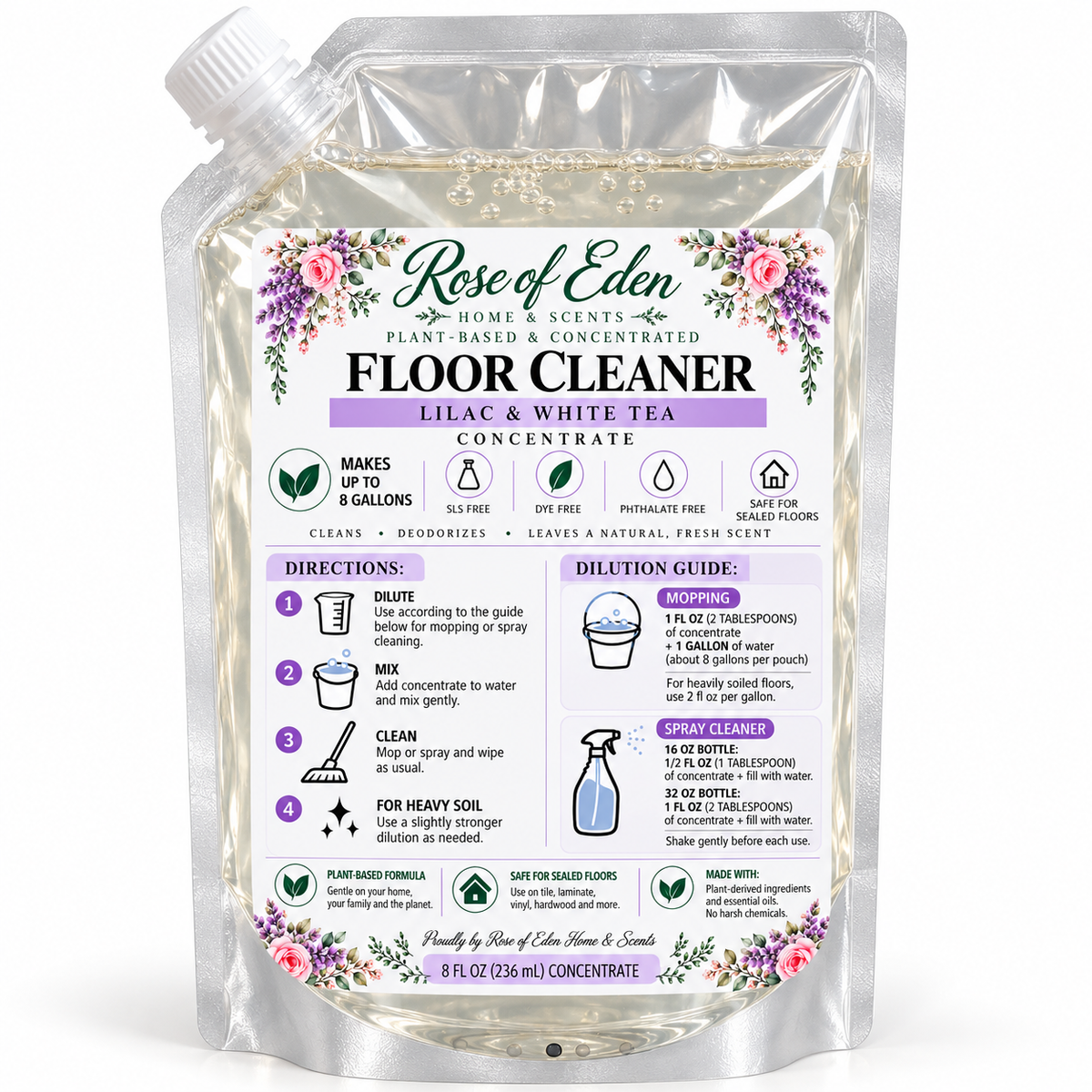 Rose of Eden 8 oz plant-based floor cleaner concentrate pouch