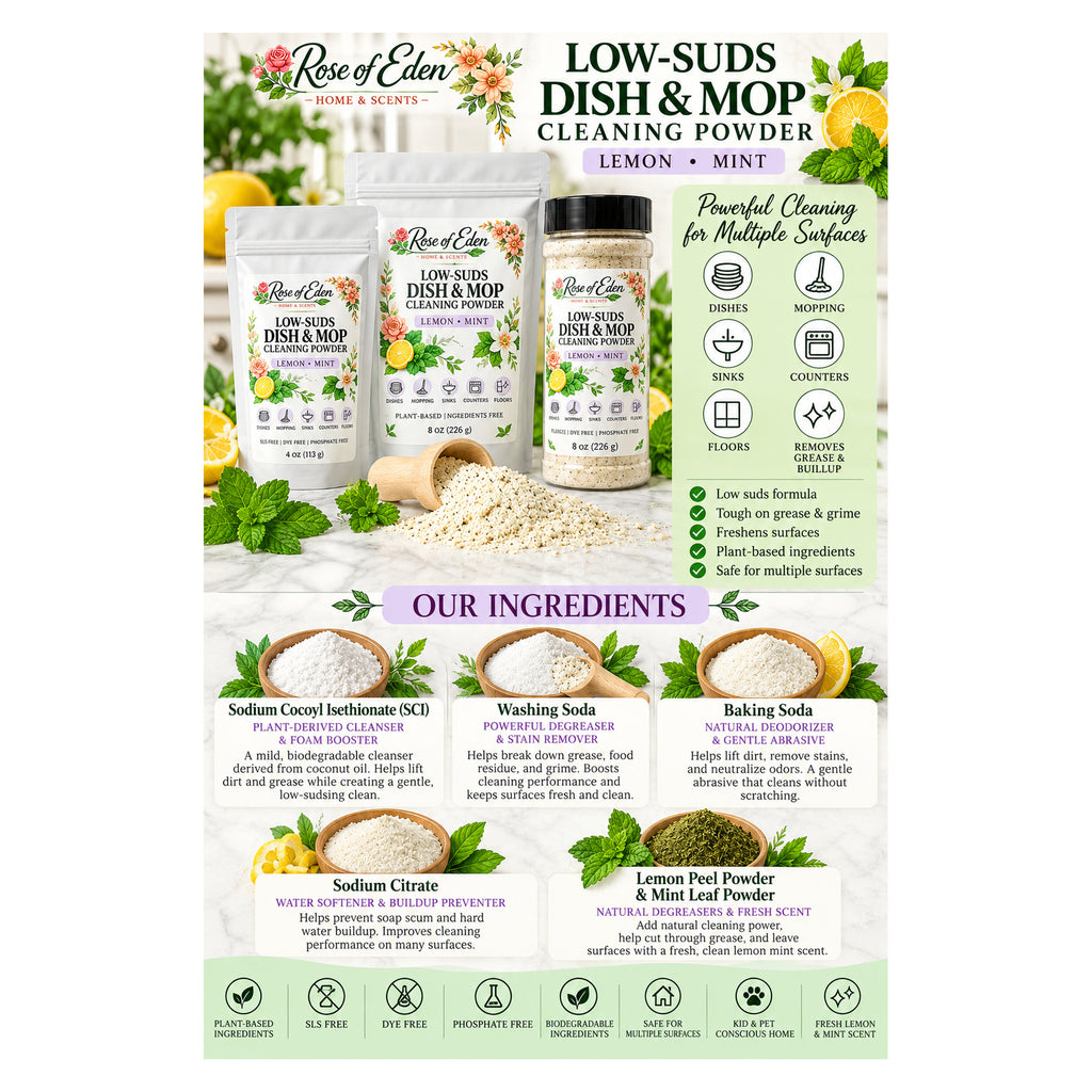 Rose of Eden Dish & Mop Cleaning Powder ingredient infographic, 2000 by 2000 pixels