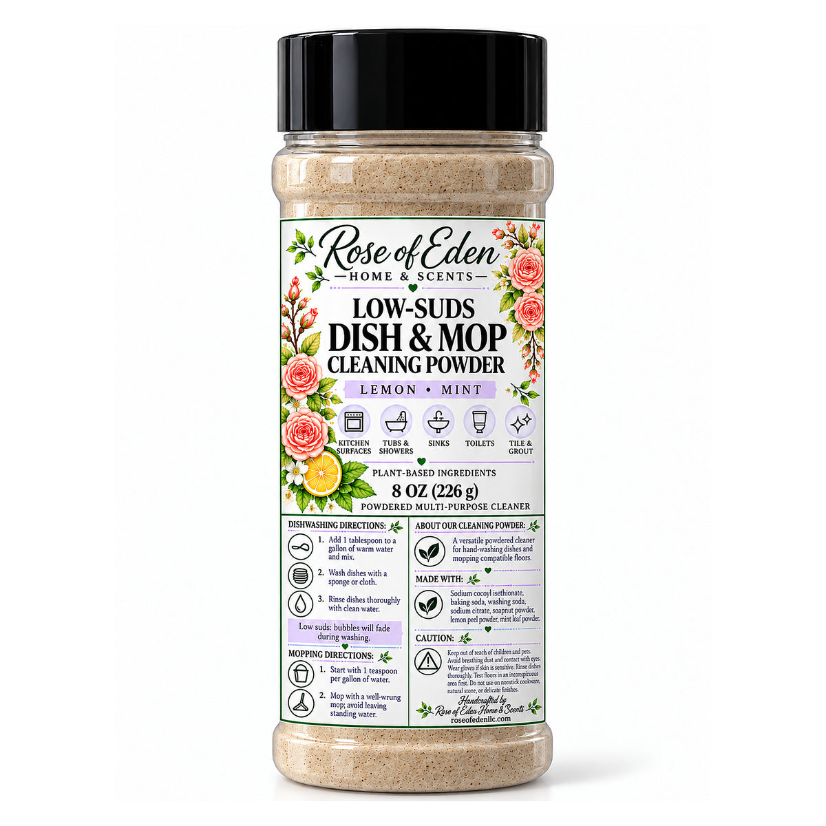 Rose of Eden Low-Suds Dish & Mop Cleaning Powder, 8 oz shaker, Lemon Mint, 2000 by 2000 pixels