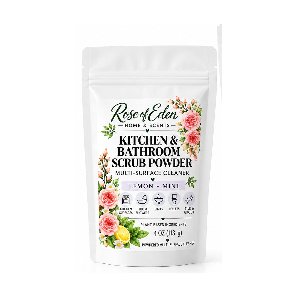 Rose of Eden Lemon & Mint Kitchen & Bathroom Scrub Powder, 4 oz pouch with scoop