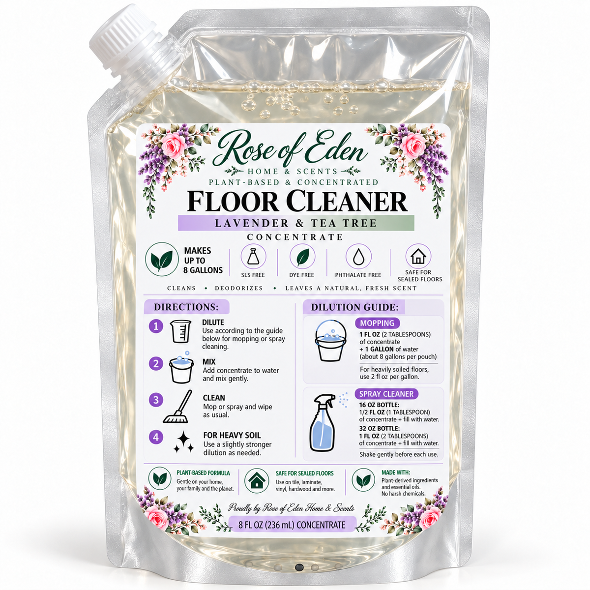 Rose of Eden plant-based floor cleaner concentrate, Lavender & Tea Tree, 8 oz pouch