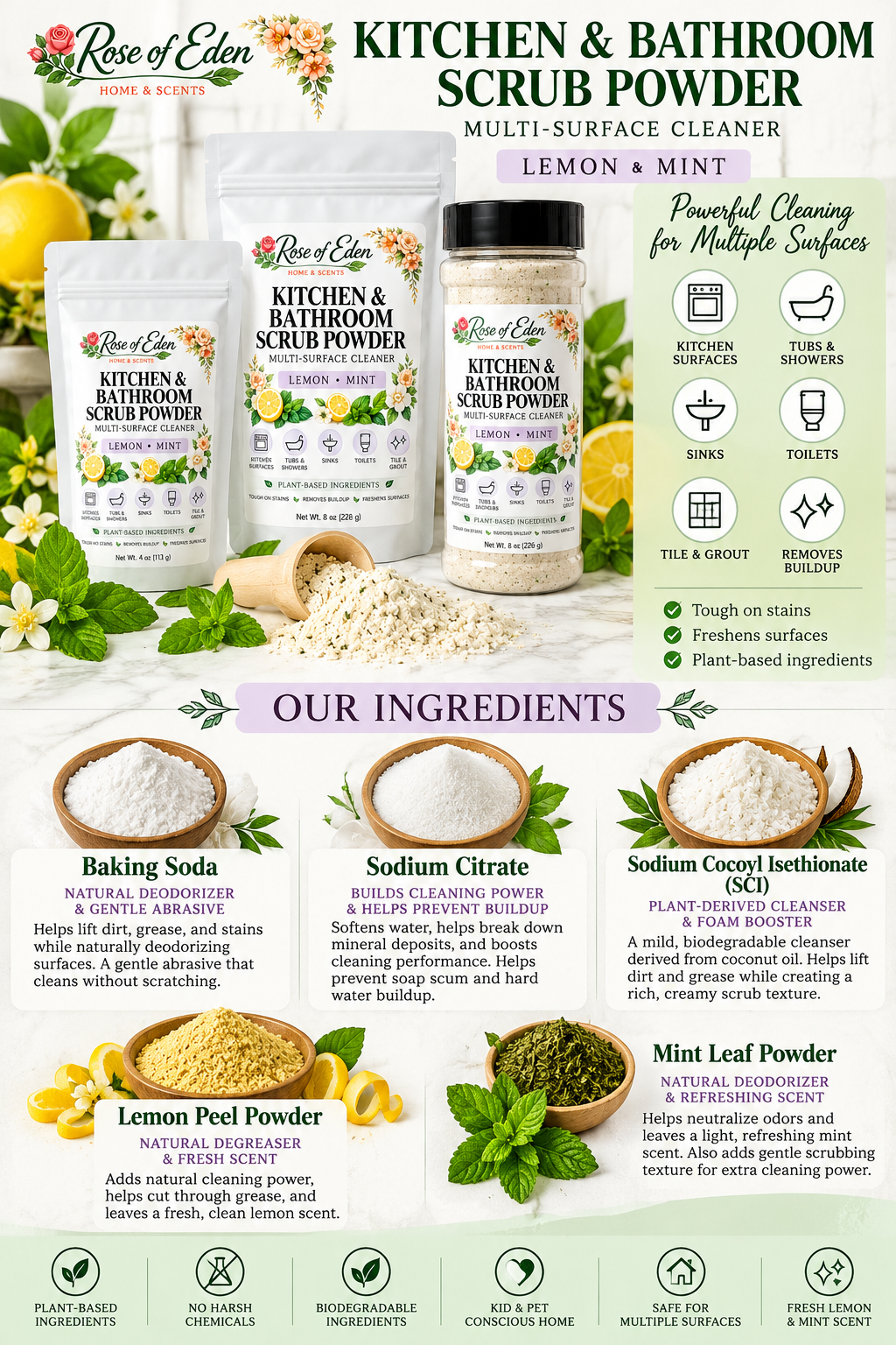 Rose of Eden Lemon & Mint Kitchen & Bathroom Scrub Powder ingredient breakdown: baking soda, sodium citrate, sodium cocoyl isethionate (SCI), lemon peel powder, and mint leaf powder; no sea salt.