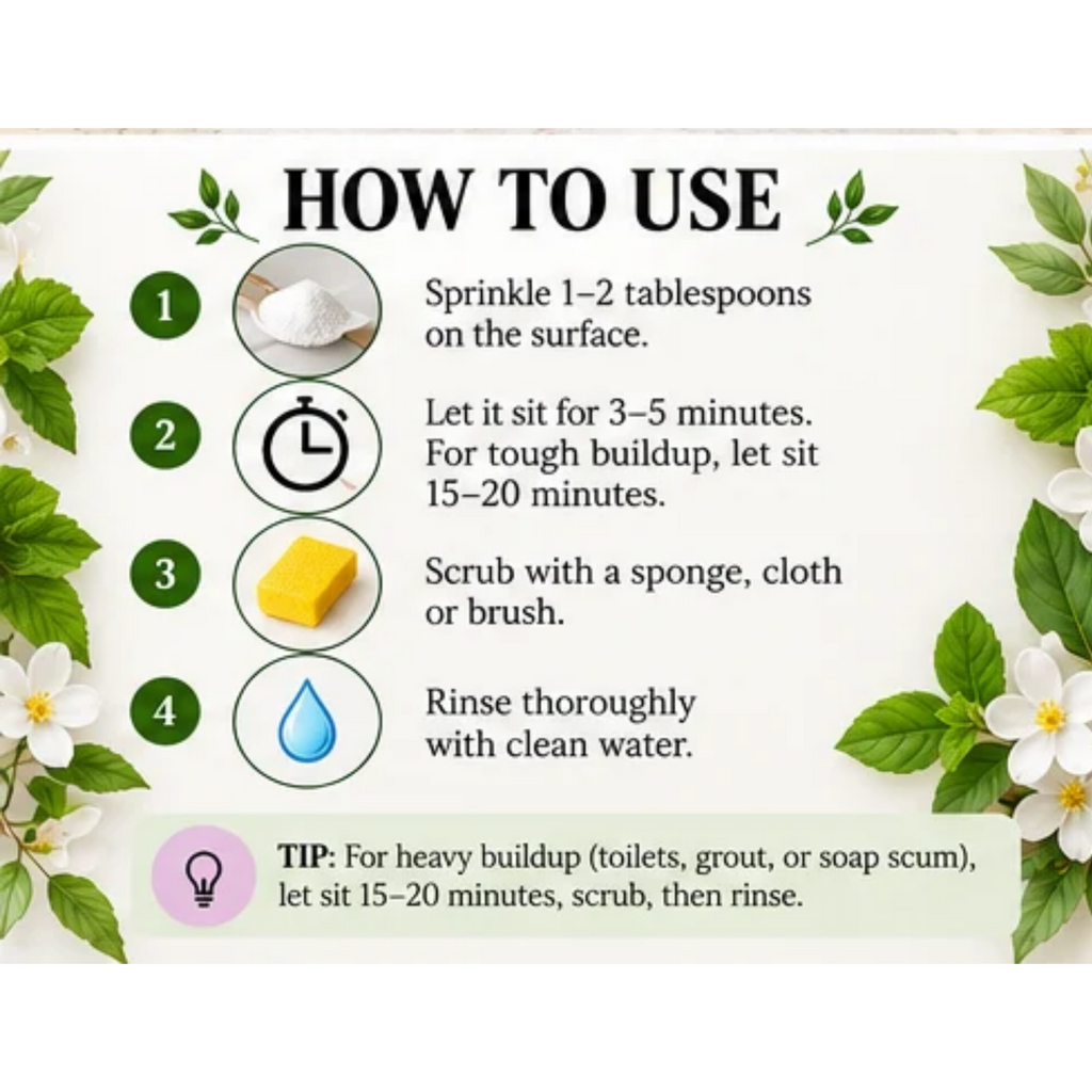 How to use Rose of Eden Lemon & Mint Kitchen and Bathroom Scrub Powder: sprinkle 1–2 tablespoons, let sit 3–5 minutes or 15–20 minutes for tough buildup, scrub, and rinse thoroughly.