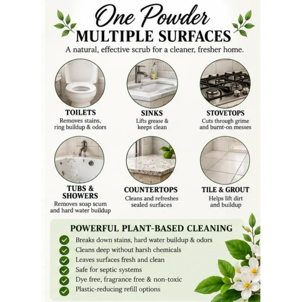 Rose of Eden Lemon & Mint Kitchen and Bathroom Scrub Powder shown for toilets, sinks, stovetops, tubs and showers, countertops, and tile and grout.