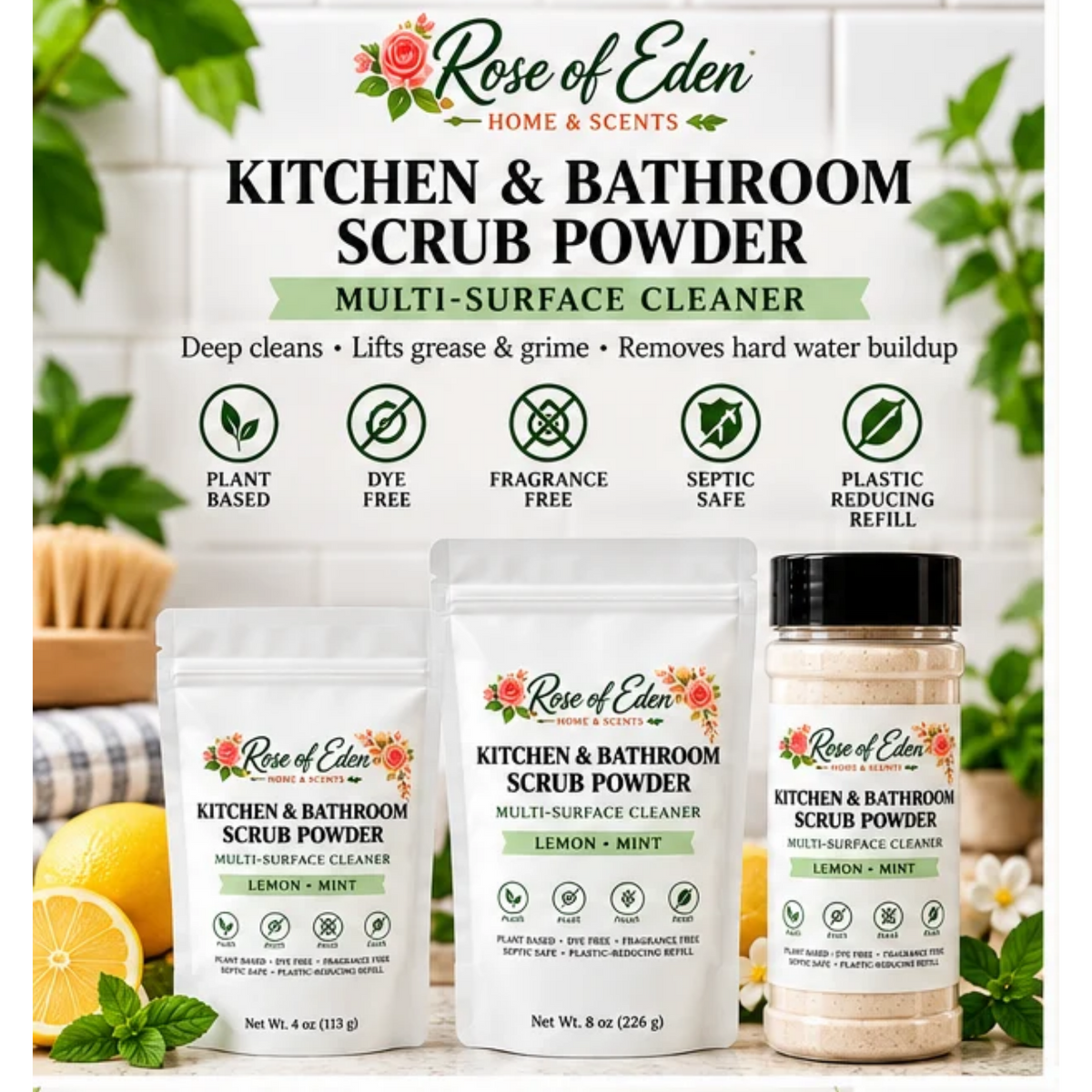 Rose of Eden Lemon & Mint Kitchen and Bathroom Scrub Powder packaging options: 4 oz pouch, 8 oz pouch, and 8 oz shaker.